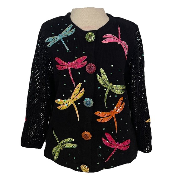 DESIGN OPTIONS Philip & Jane Gordon Black Cardigan Sweater Sequin Dragonfly VTG - Picture 1 of 12